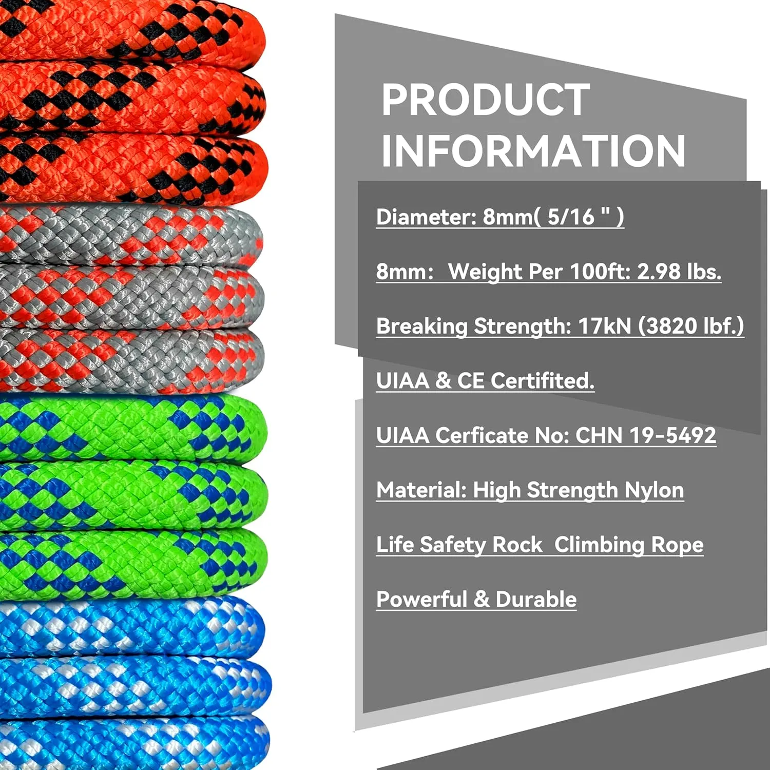 SEAMUS 8mm Prusik Accessory Cord 6M (20ft) UIAA Rock Climbing Rope 14Kn High Tensile Strength Rock Climbing Accessories Cord Double Braid Nylon Cord for Mountain Tree Climbing,Fire Rescue