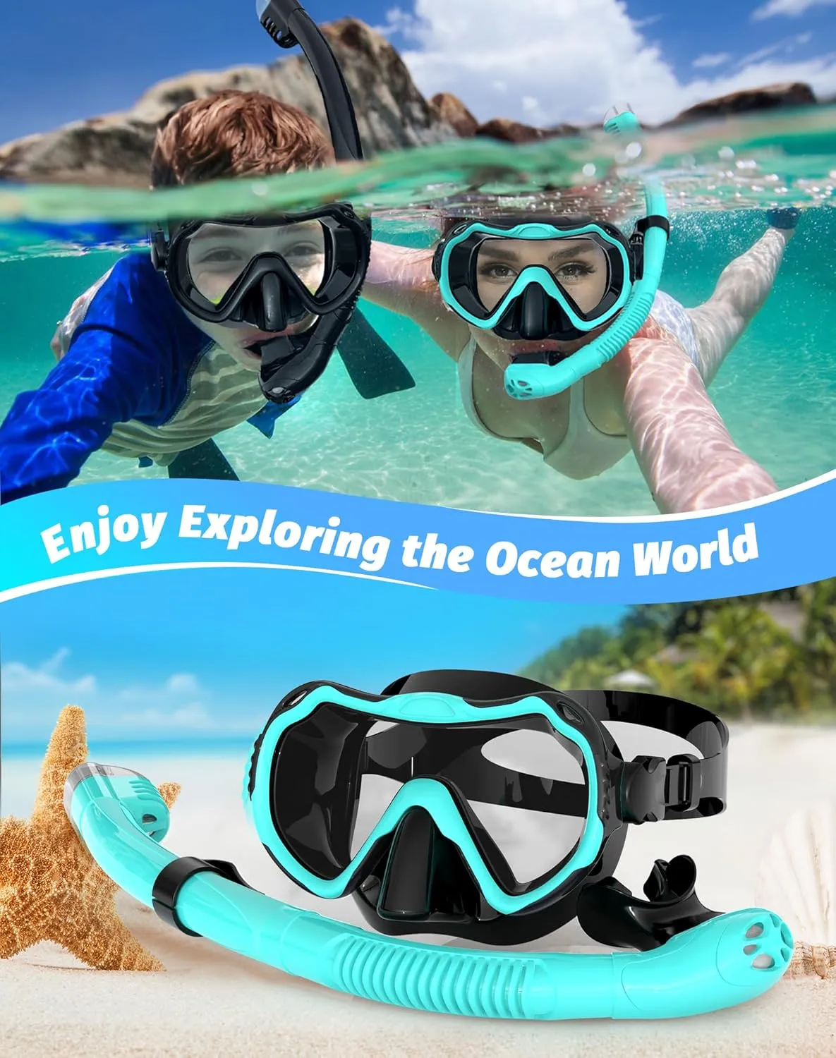 Snorkeling Gear for Adults, Snorkel Mask Set 180 Panoramic View Snorkel Gear, 100% Food-Grade Silicone Anti-Fog Anti-Leak Dry Top Diving Mask for Snorkeling Swimming Scuba Diving