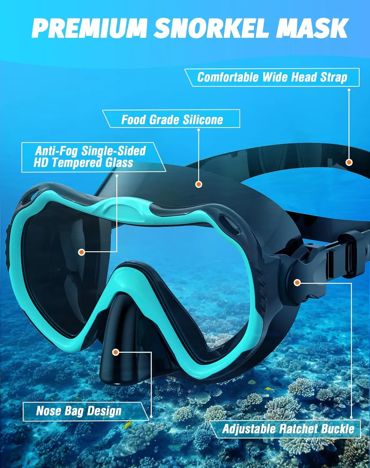 Snorkeling Gear for Adults, Snorkel Mask Set 180 Panoramic View Snorkel Gear, 100% Food-Grade Silicone Anti-Fog Anti-Leak Dry Top Diving Mask for Snorkeling Swimming Scuba Diving