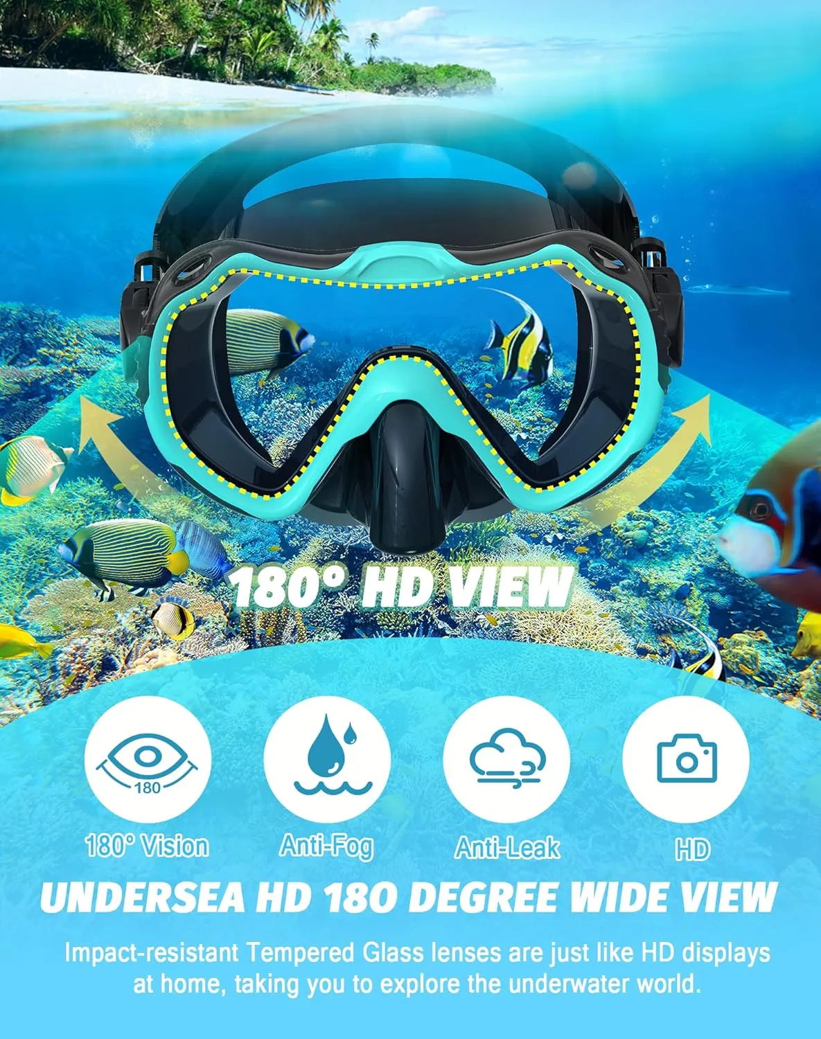 Snorkeling Gear for Adults, Snorkel Mask Set 180 Panoramic View Snorkel Gear, 100% Food-Grade Silicone Anti-Fog Anti-Leak Dry Top Diving Mask for Snorkeling Swimming Scuba Diving
