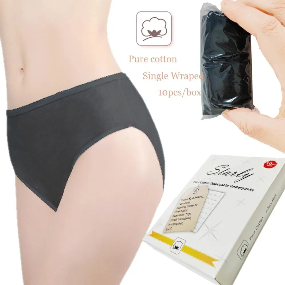 STARLY Women's Disposable Pure Cotton Underwear Travel Panties High Cut Granny Briefs White/Macarons/Black (10pcs)