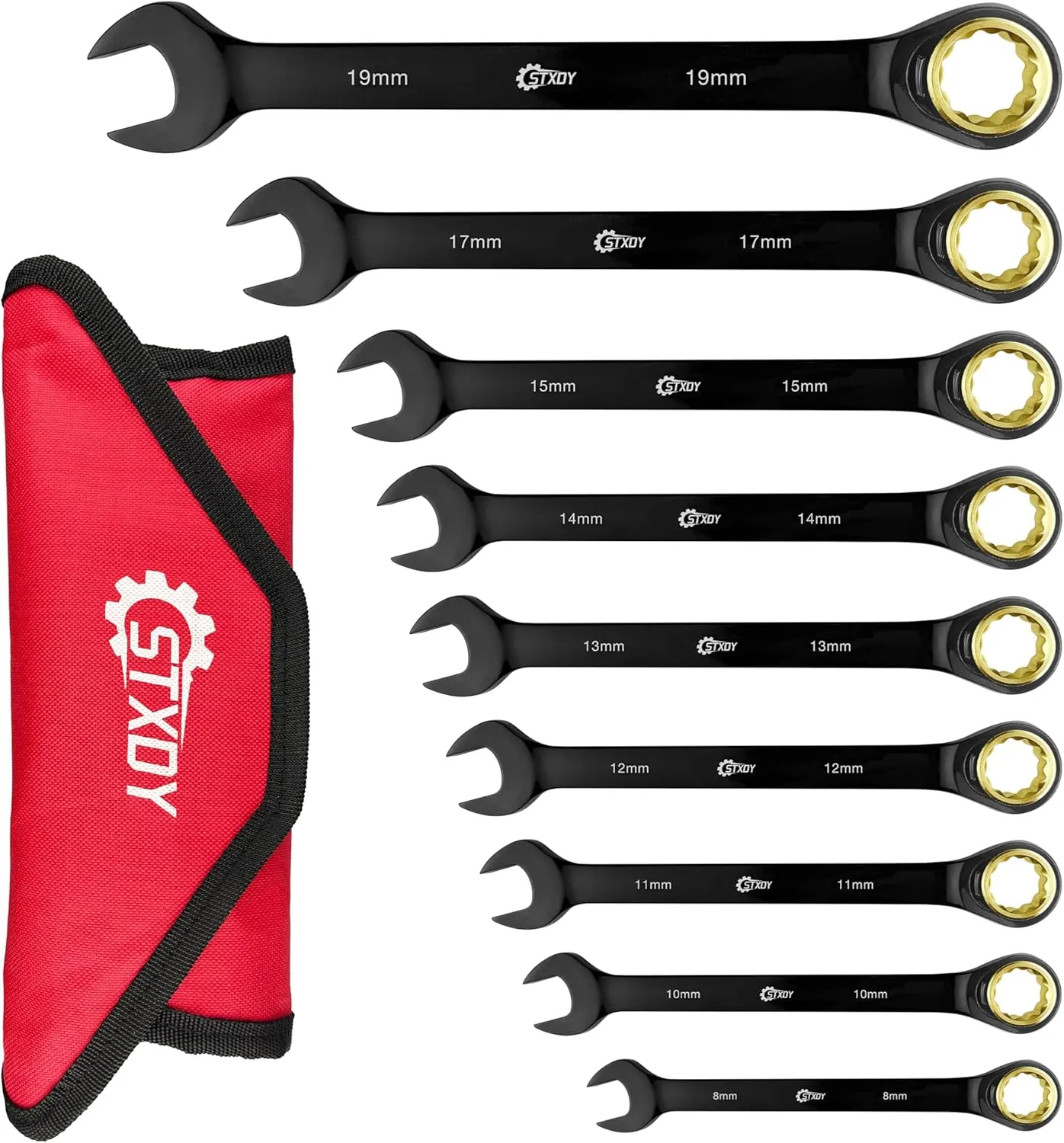 STXDY 9PCS Anti-Slip Ratcheting Combination Wrench Set, Metric 8-19 mm, 72-Tooth, Cr-V Steel, 12 Point with Roll Up Pouch