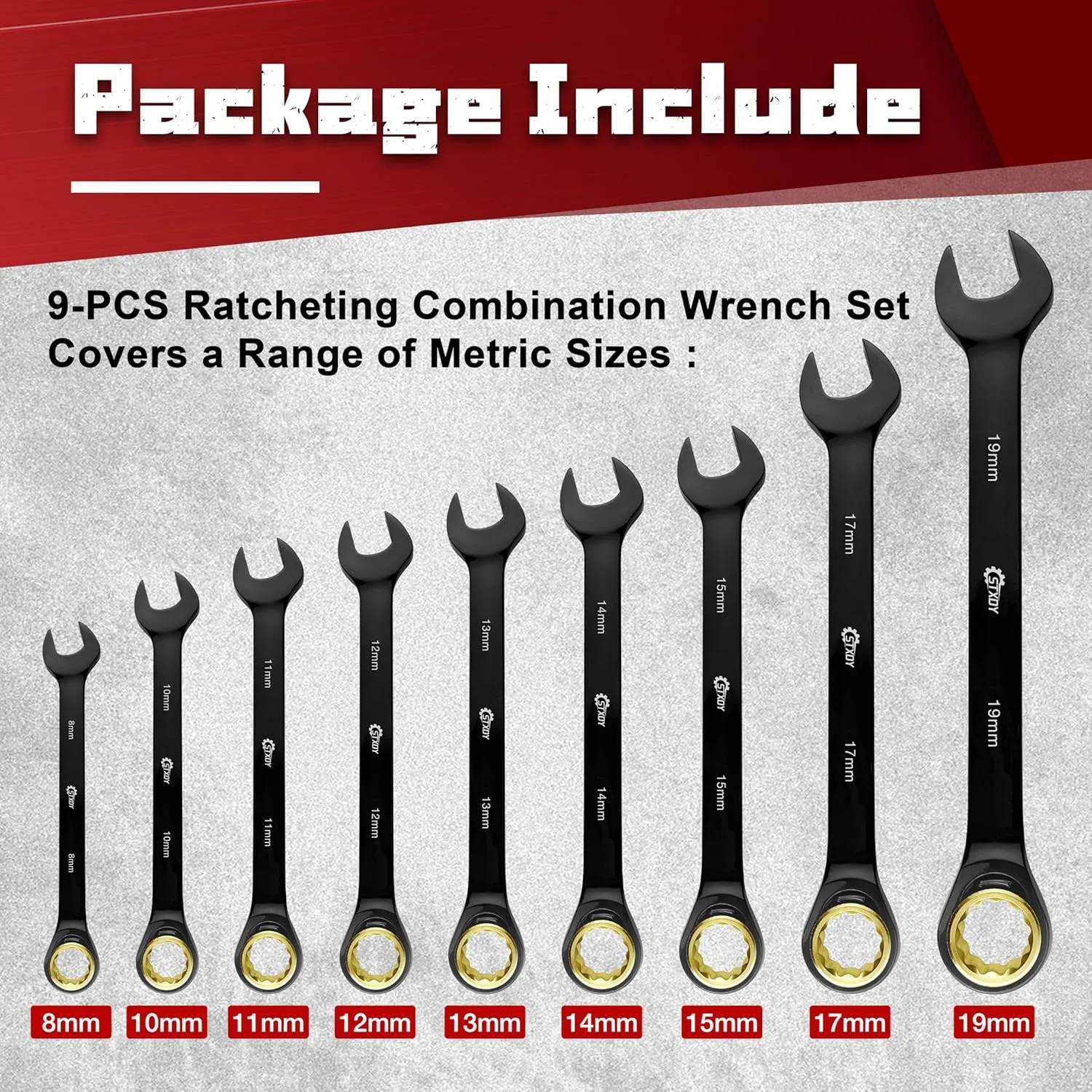 STXDY 9PCS Anti-Slip Ratcheting Combination Wrench Set, Metric 8-19 mm, 72-Tooth, Cr-V Steel, 12 Point with Roll Up Pouch