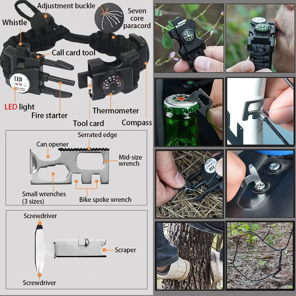 Survival Paracord Bracelet,Fire Starter,Waterproof SOS Light, Compass, Whistle, Adjustable AK87 20 in 1,Outdoor Ultimate Tactical Survival Gear Set,Gift for Kids,Men