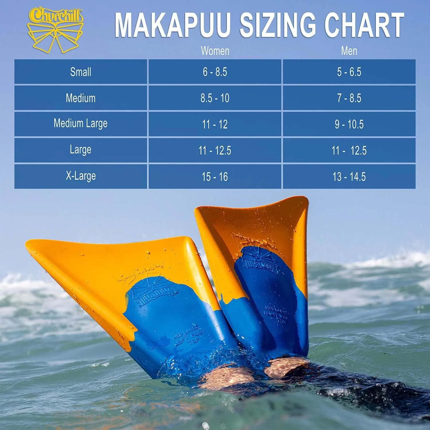 Swim Fins Churchill Makapuu Malaysian or Gum Rubber. Patented Design for Swimming Fin Propulsion, Diving, Surfing, Bodyboarding, Unisex.