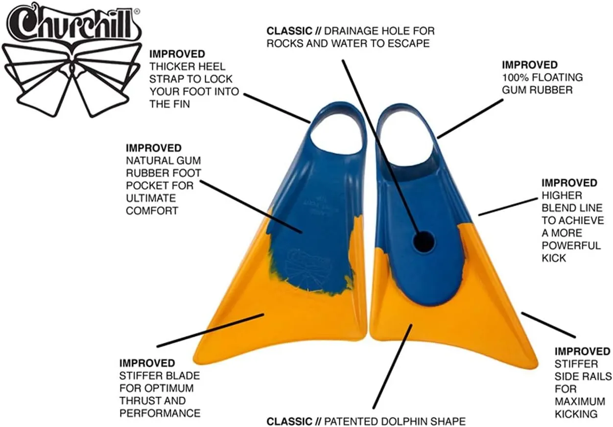 Swim Fins Churchill Makapuu Malaysian or Gum Rubber. Patented Design for Swimming Fin Propulsion, Diving, Surfing, Bodyboarding, Unisex.