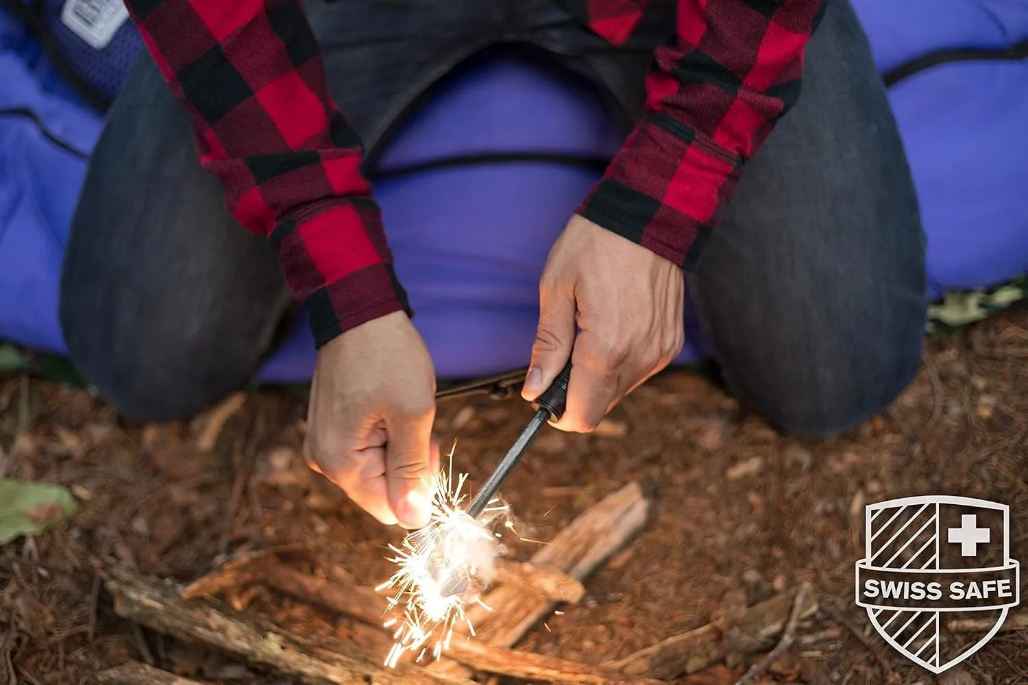 Swiss Safe 5-in-1 Magnesium Ferro Rod Fire Starter Survival Tool - Flint & Steel Striker, Compass, Paracord & Whistle - Emergency Kit for Backpacking, Camping, Hiking - All-Weather