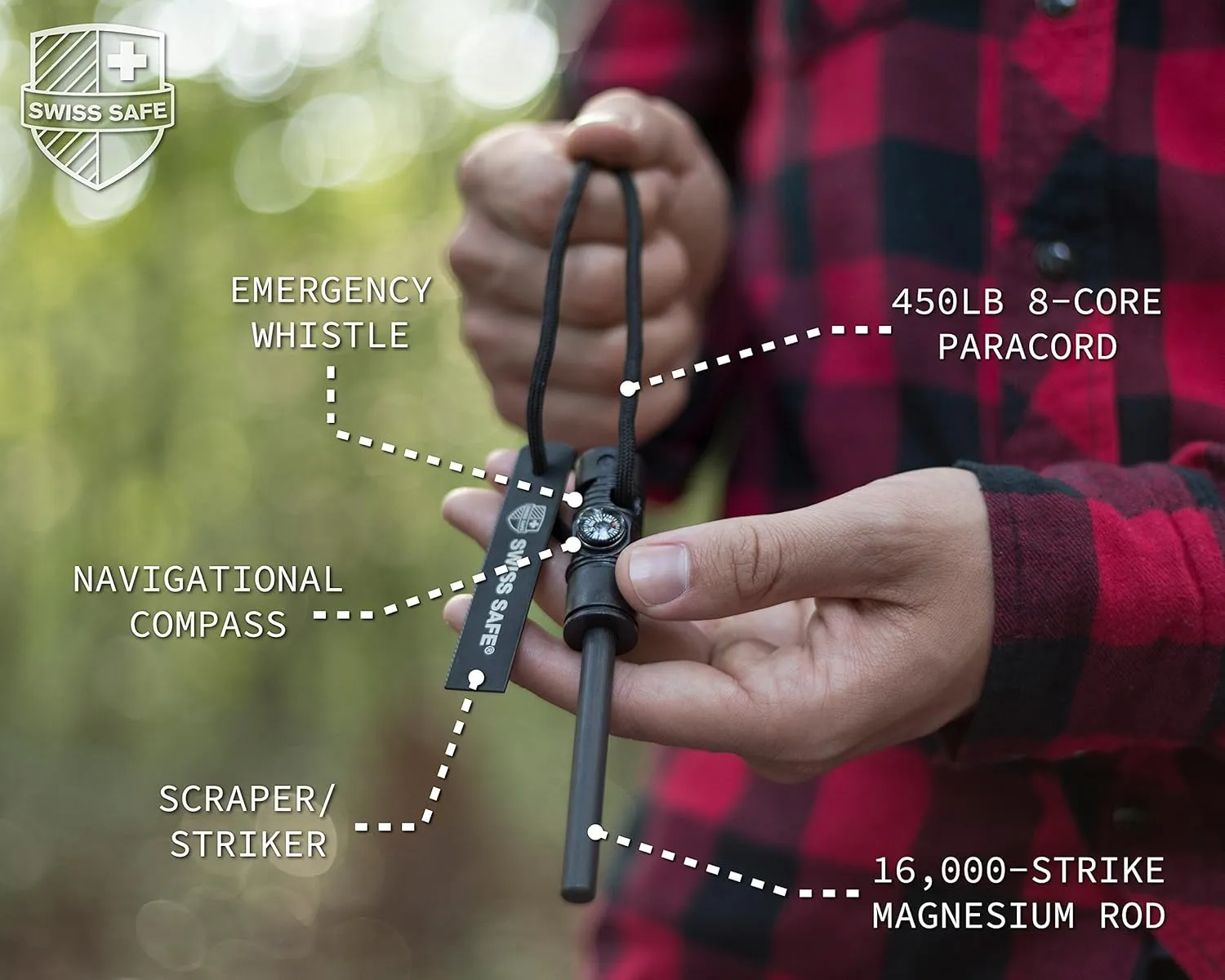 Swiss Safe 5-in-1 Magnesium Ferro Rod Fire Starter Survival Tool - Flint & Steel Striker, Compass, Paracord & Whistle - Emergency Kit for Backpacking, Camping, Hiking - All-Weather