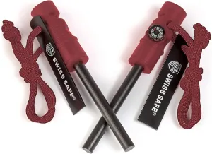 Swiss Safe 5-in-1 Magnesium Ferro Rod Fire Starter Survival Tool - Flint & Steel Striker, Compass, Paracord & Whistle - Emergency Kit for Backpacking, Camping, Hiking - All-Weather