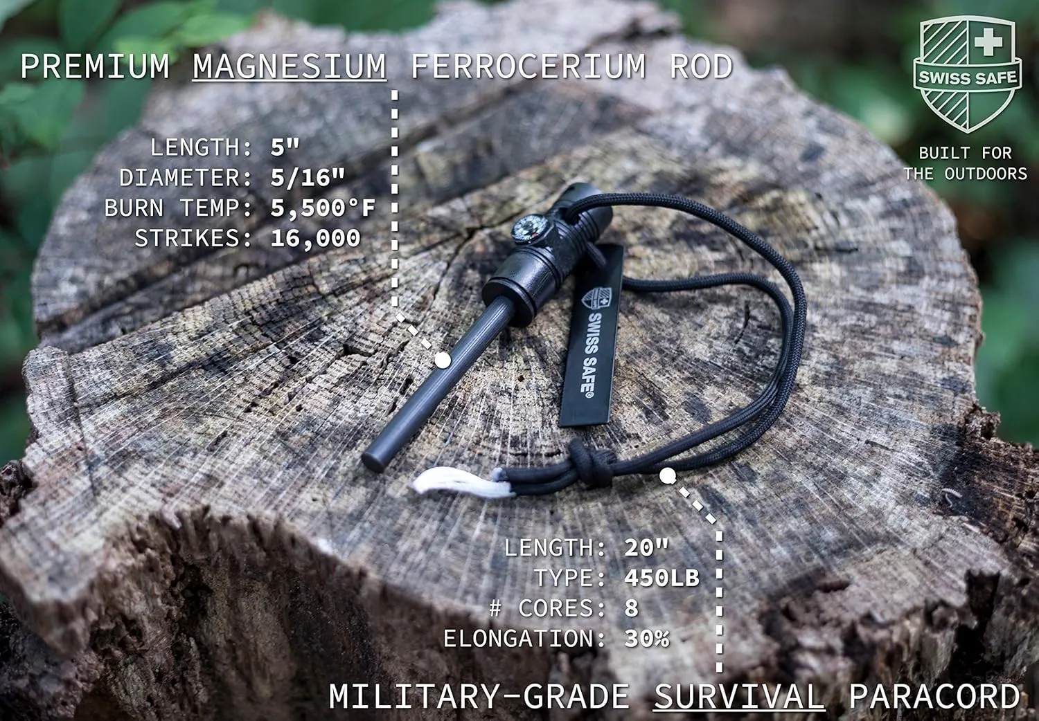 Swiss Safe 5-in-1 Magnesium Ferro Rod Fire Starter Survival Tool - Flint & Steel Striker, Compass, Paracord & Whistle - Emergency Kit for Backpacking, Camping, Hiking - All-Weather