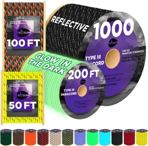 TECEUM Heavy Duty Rope 1000  1000ft / 200ft / 100ft / 50ft  40  Colors  Utility Rope for Survival & Camping Gear  Nylon String, Camping Rope, para Cord, Utility Nylon Rope, Tent Cord