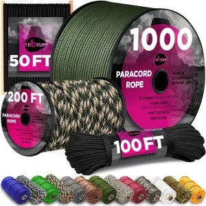 TECEUM Paracord Rope 750 lb  1000ft / 200ft / 120ft / 100ft / 50ft  String Parachute Cord for Camping, Survival, Outdoor Gear  35  Colors  Nylon Utility Rope  Tactical Survival & Camping Kit