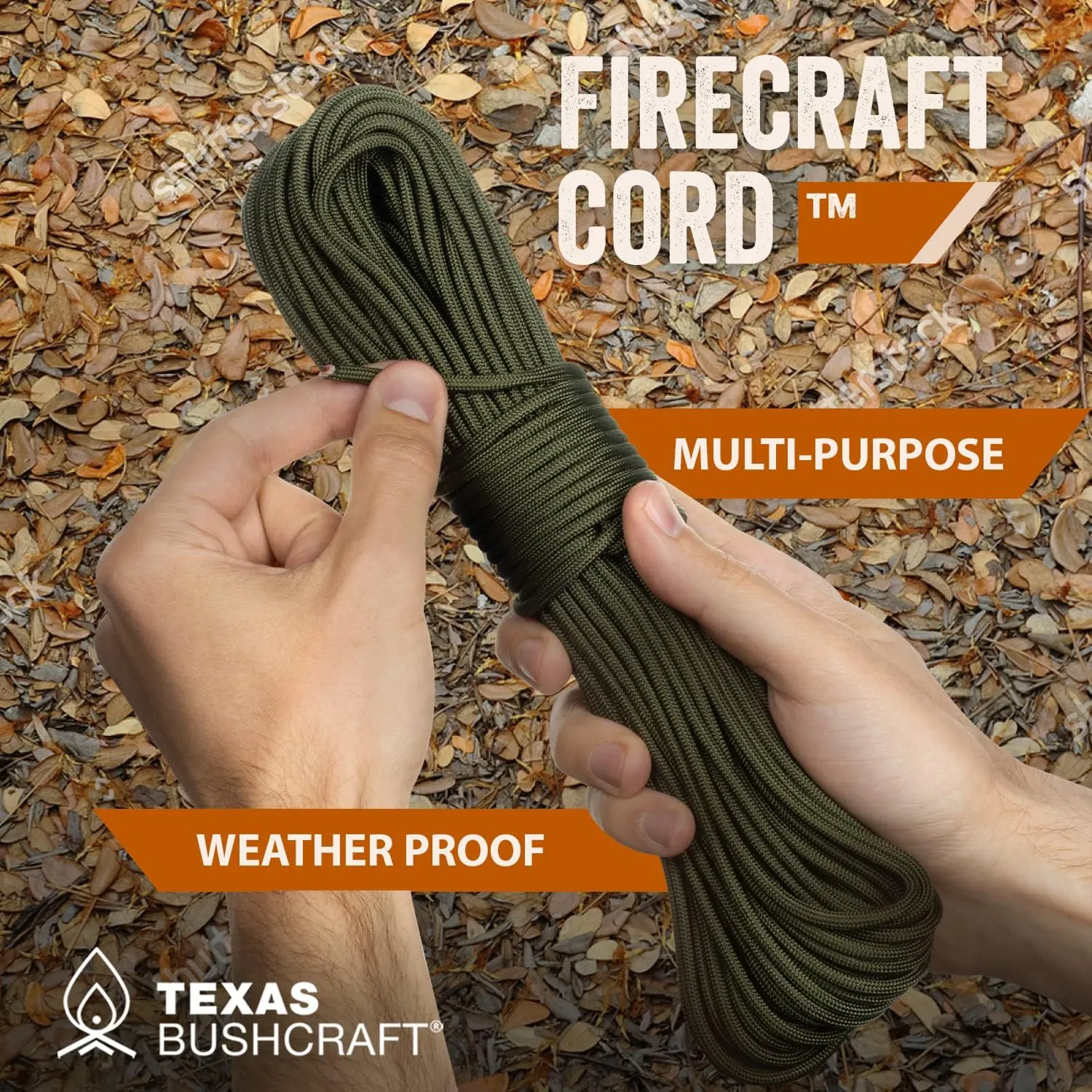 Texas Bushcraft Firecraft Cord - Utility Paracord Survival Rope, Parachute Cord for Survival Gear  3 Extra Strands for Emergency Preparedness Fishing, Sewing and Tinder (Army Green, 25 ft)