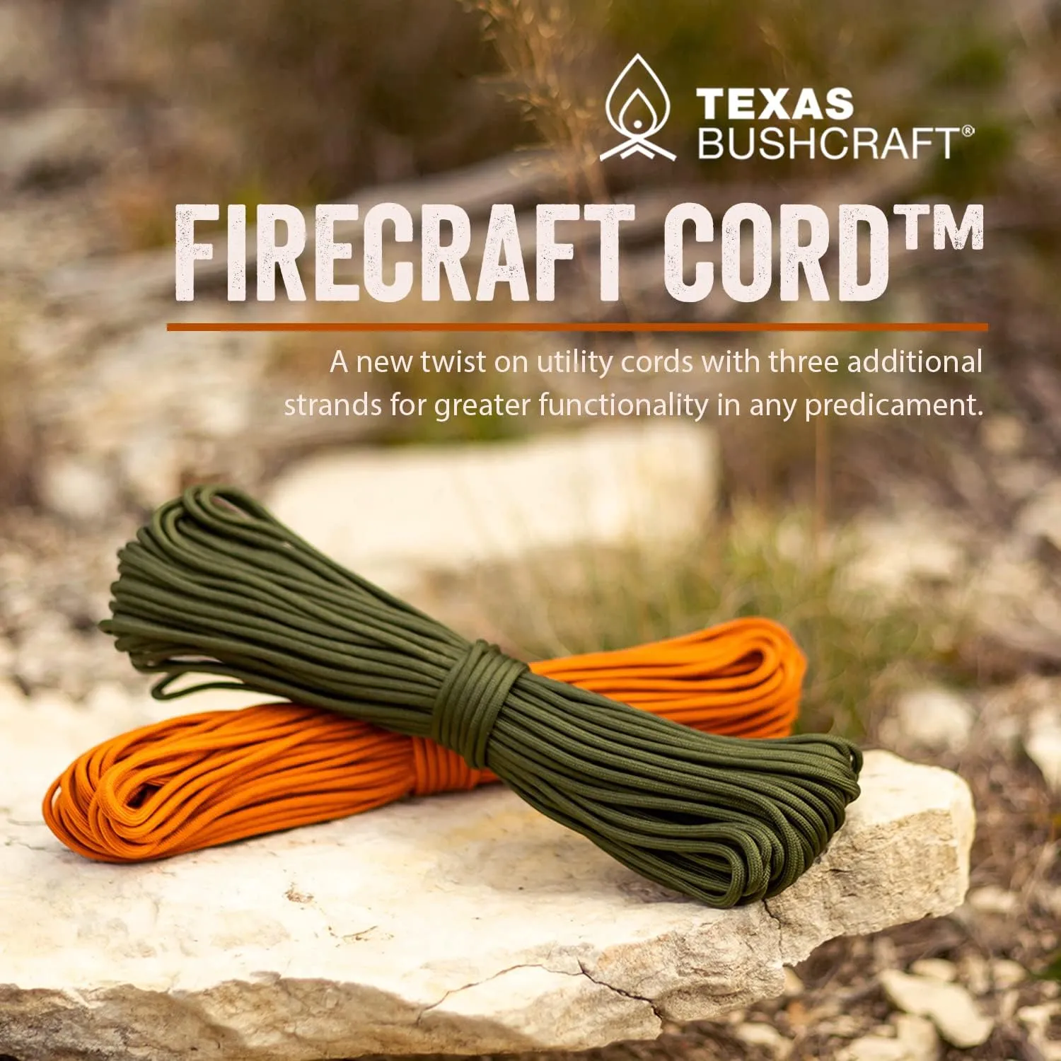 Texas Bushcraft Firecraft Cord - Utility Paracord Survival Rope, Parachute Cord for Survival Gear  3 Extra Strands for Emergency Preparedness Fishing, Sewing and Tinder (Army Green, 25 ft)