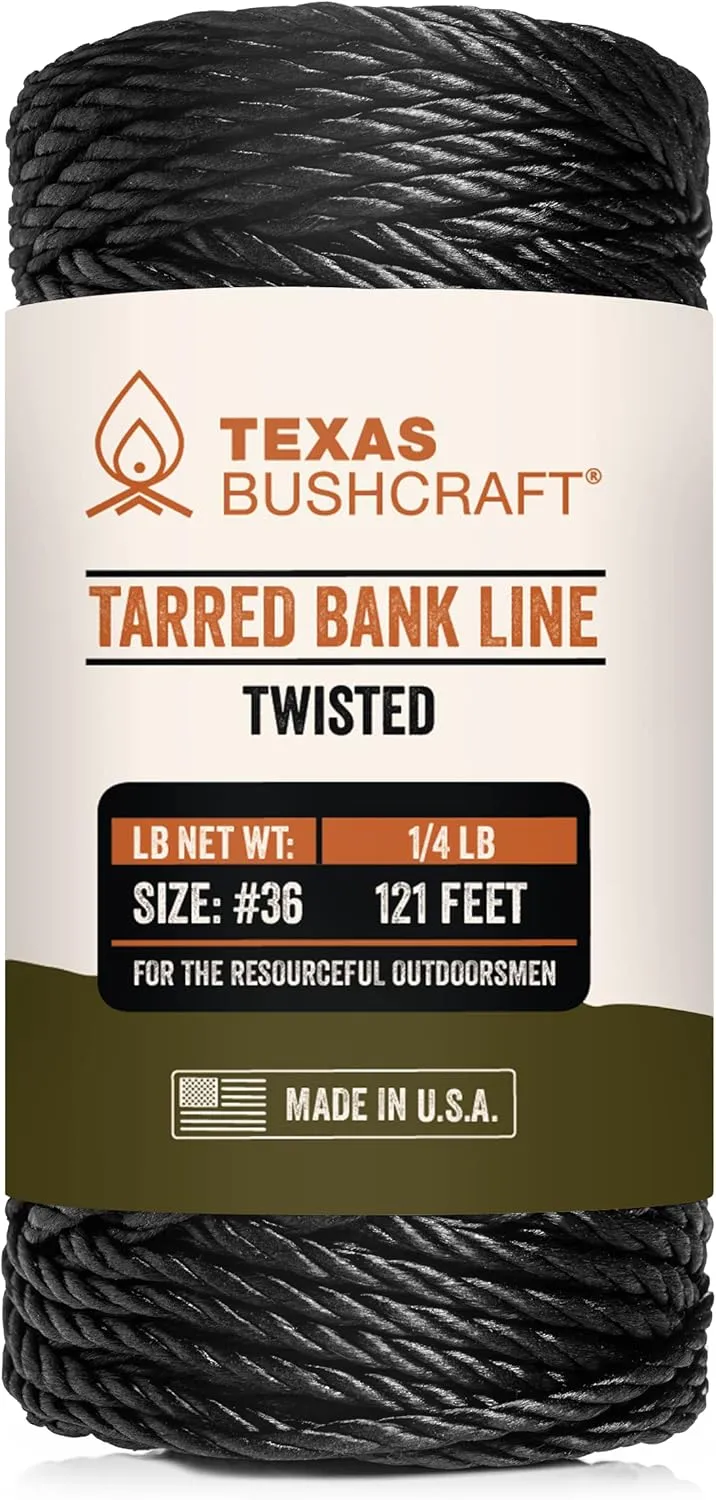 Texas Bushcraft Tarred Bank Line Twine - #36 Black Nylon String for Fishing, Camping and Outdoor Survival  Strong, Weather Resistant Bankline Cordage for Trotline