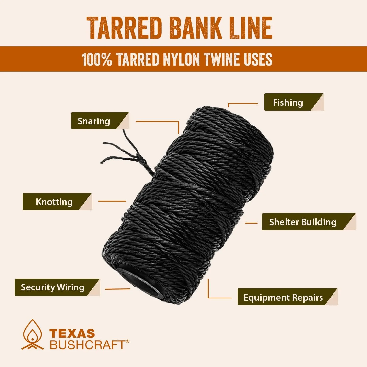 Texas Bushcraft Tarred Bank Line Twine - #36 Black Nylon String for Fishing, Camping and Outdoor Survival  Strong, Weather Resistant Bankline Cordage for Trotline