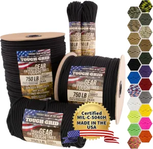 TOUGH-GRID Premium Paracord 750 lbs Made in USA Outdoor Survival Nylon Rope Tactical Heavy Duty Strands Parachute Cord Used by US Military Type III Mil-Spec