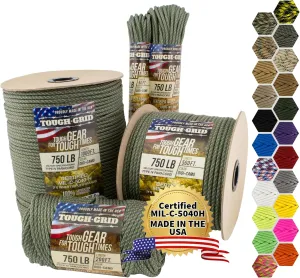 TOUGH-GRID Premium Paracord 750 lbs Made in USA Outdoor Survival Nylon Rope Tactical Heavy Duty Strands Parachute Cord Used by US Military Type III Mil-Spec