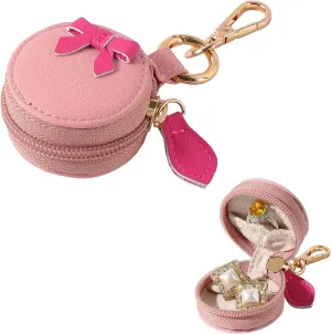 Travel Jewelry Holder Keychain, Mini Jewelry Case Portable Faux Leather Necklace Organizer Box Gym Sports Ring Storage Earrings Box for Women Mother Gift (JC04-Pink Bow)