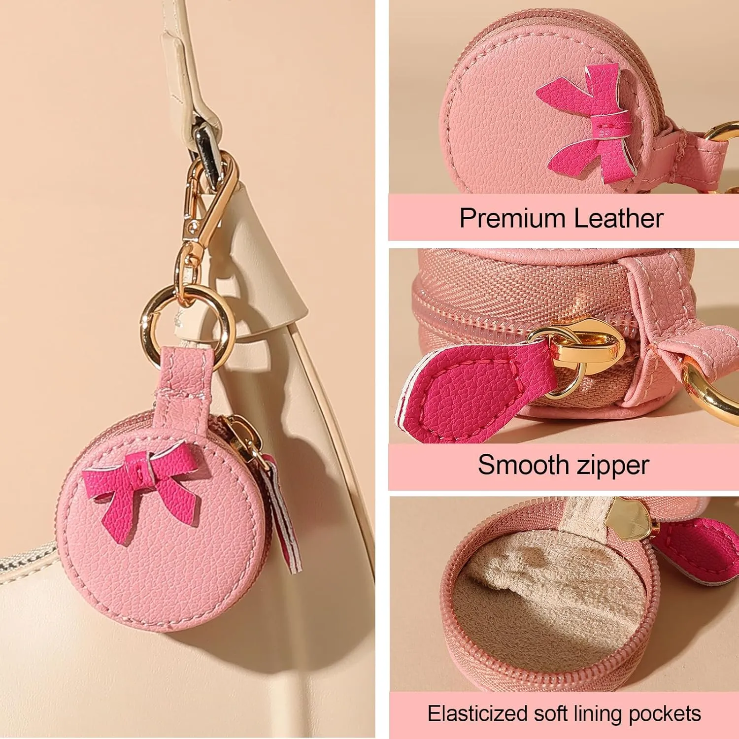 Travel Jewelry Holder Keychain, Mini Jewelry Case Portable Faux Leather Necklace Organizer Box Gym Sports Ring Storage Earrings Box for Women Mother Gift (JC04-Pink Bow)