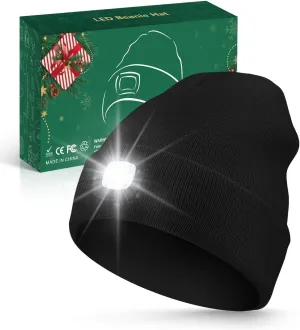 Unisex Beanie with Light, USB Rechargeable LED Headlamp Hat, Christmas Stocking Stuffers Gifts Warm Knitted Cap for Men Women Dad Mom Black
