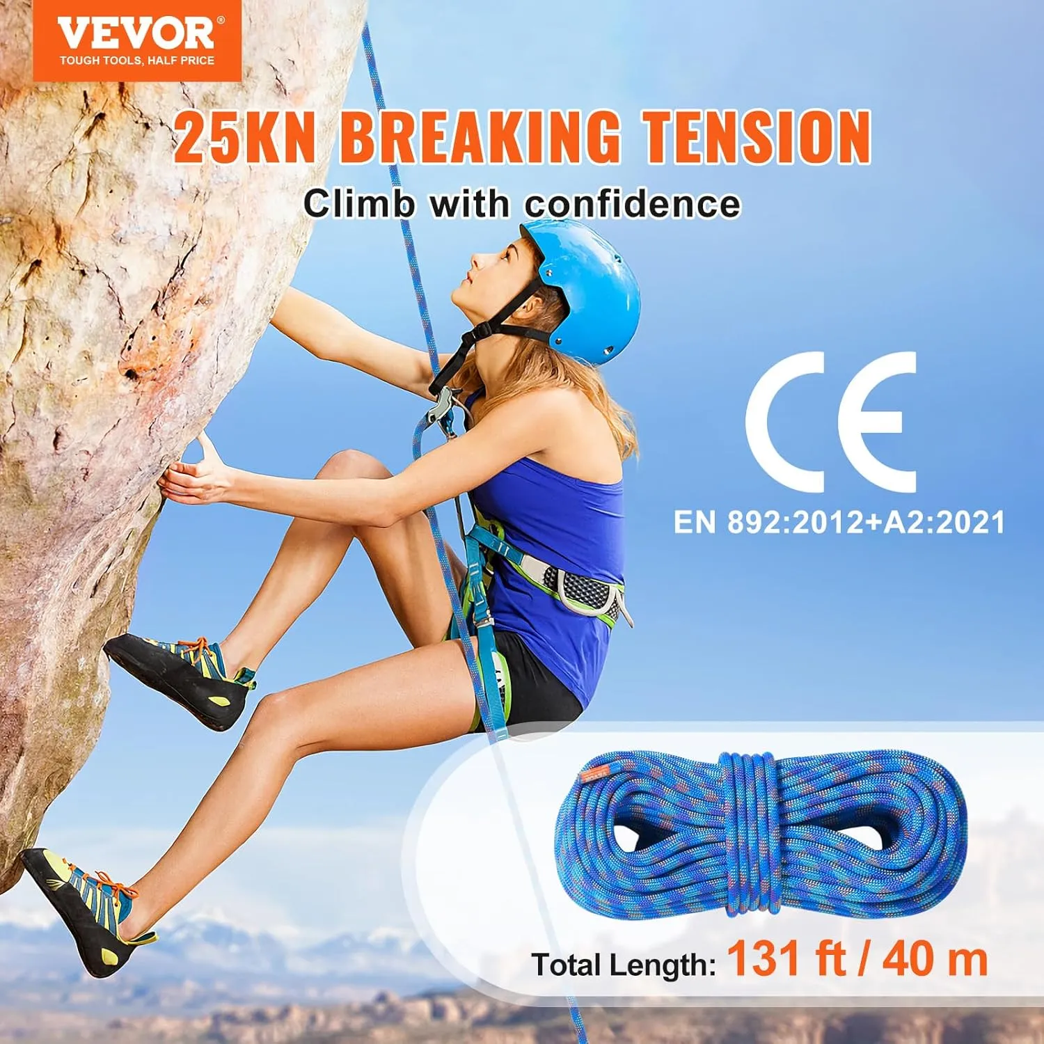 VEVOR 10.2mm Dynamic Climbing Rope, Outdoor Rock Climbing Rope 25KN Breaking Tension, Stretchable Fiber Rope with Steel Snap Hooks for Escape, Rappelling, Fire Rescue, Blue