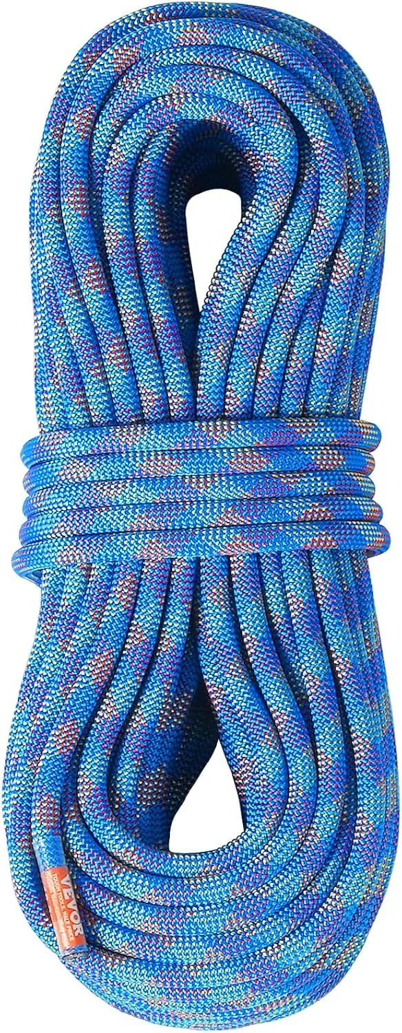 VEVOR 10.2mm Dynamic Climbing Rope, Outdoor Rock Climbing Rope 25KN Breaking Tension, Stretchable Fiber Rope with Steel Snap Hooks for Escape, Rappelling, Fire Rescue, Blue