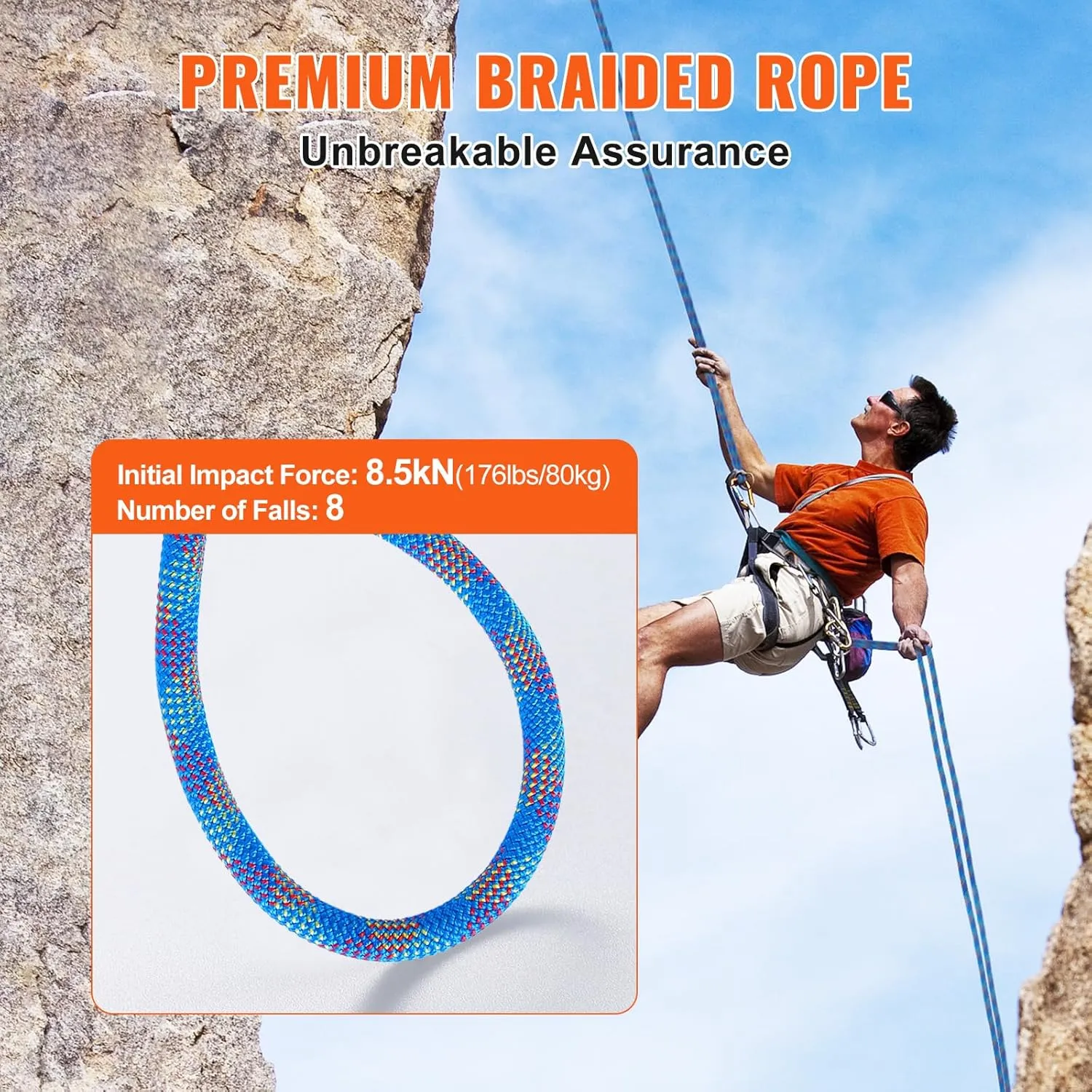 VEVOR 10.2mm Dynamic Climbing Rope, Outdoor Rock Climbing Rope 25KN Breaking Tension, Stretchable Fiber Rope with Steel Snap Hooks for Escape, Rappelling, Fire Rescue, Blue