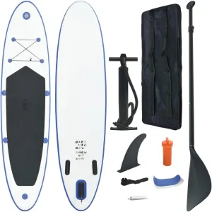 vidaXL Inflatable Stand Up Paddle Board Set with Oar, Removable Fin, Hand Pump, and Carrying Bag - SUP Surfboard for Recreational Paddling and Small Wave Riding - Blue and White