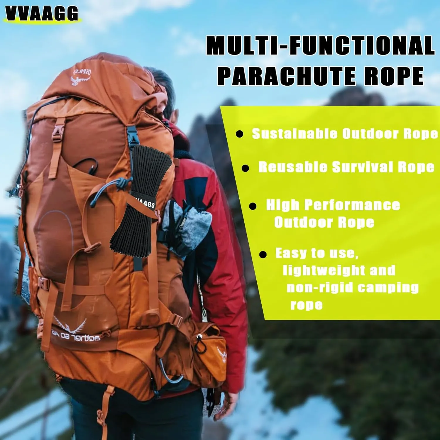 VVAAGG 1000lb Black Paracord Rope 100FT Utility Nylon Heavy Duty 12 Strand Parachute Cord for Camping, Tent, Clothsline, Outdoor Hiking, Fishing, Survival Braceletand (100FT)