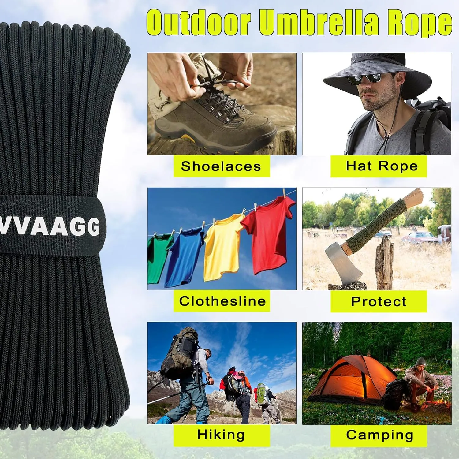 VVAAGG 1000lb Black Paracord Rope 100FT Utility Nylon Heavy Duty 12 Strand Parachute Cord for Camping, Tent, Clothsline, Outdoor Hiking, Fishing, Survival Braceletand (100FT)