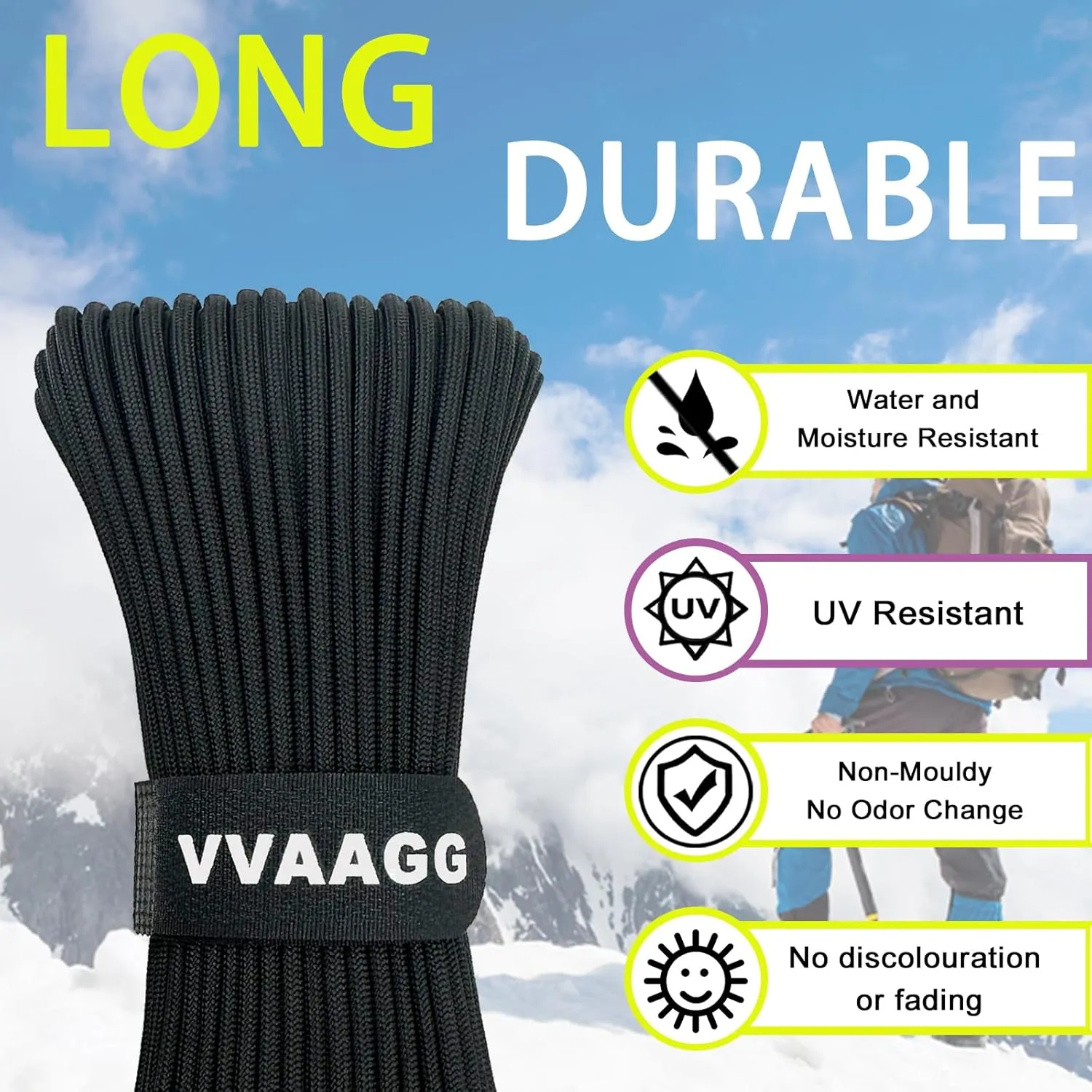VVAAGG 1000lb Black Paracord Rope 100FT Utility Nylon Heavy Duty 12 Strand Parachute Cord for Camping, Tent, Clothsline, Outdoor Hiking, Fishing, Survival Braceletand (100FT)