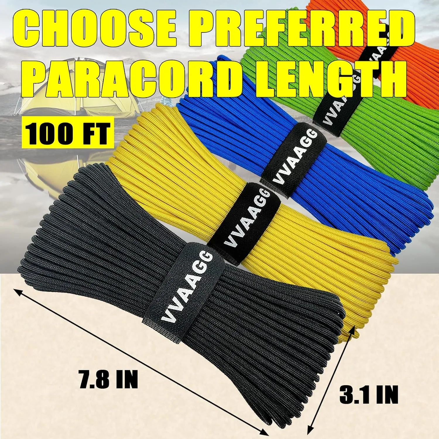 VVAAGG 1000lb Black Paracord Rope 100FT Utility Nylon Heavy Duty 12 Strand Parachute Cord for Camping, Tent, Clothsline, Outdoor Hiking, Fishing, Survival Braceletand (100FT)