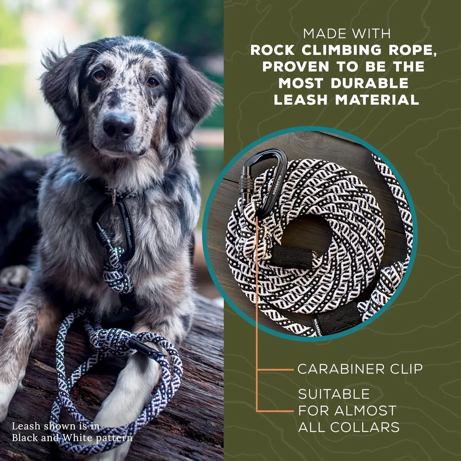 Wilderdog Carabiner Climbing Rope Dog Leash for Medium & Large Dogs - 10ft - Black & White