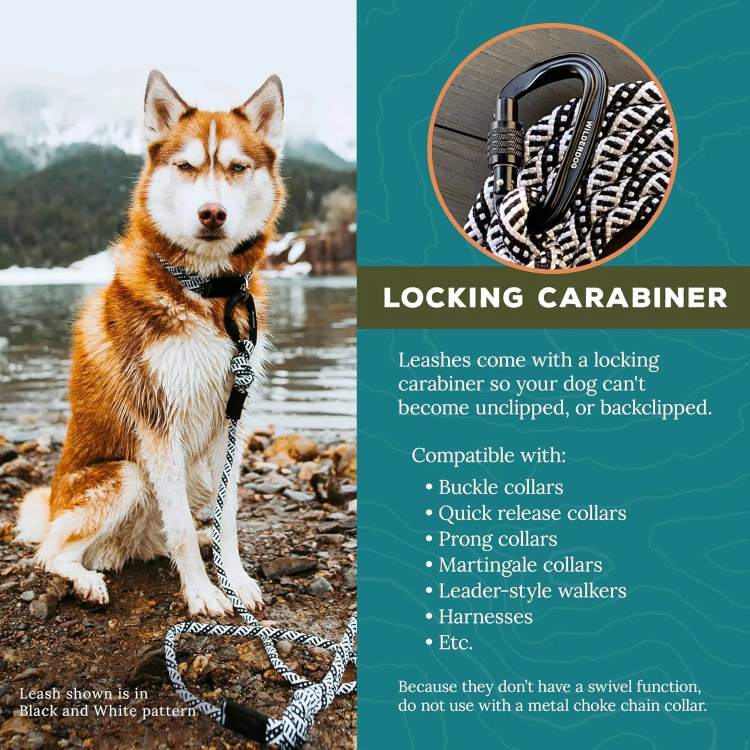 Wilderdog Carabiner Climbing Rope Dog Leash for Medium & Large Dogs - 10ft - Black & White