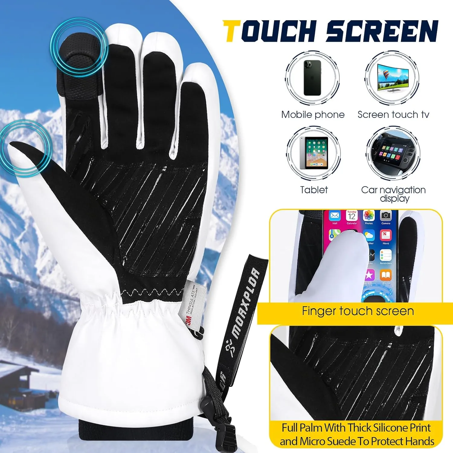 Winter Ski Snow Gloves Men Women,Waterproof Windproof Touchscreen Snowboard Gloves,3M Thinsulate Insulated Warm Winter Snowmobile Gloves