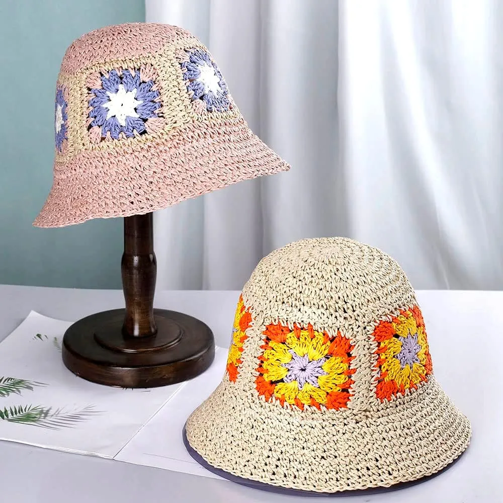 Womens Straw Sun Hat Woven Bucket Hat Floral Fishing Hat Beach Hat Foldable Cap Summer Chic Straw Chic Hat