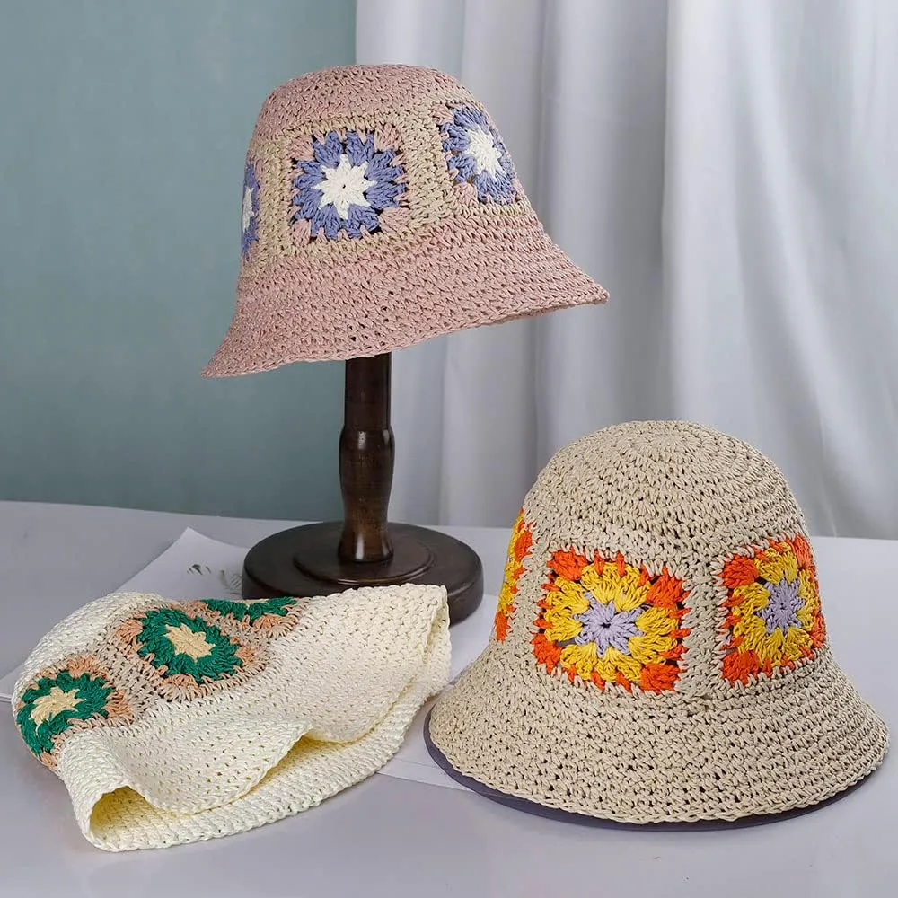 Womens Straw Sun Hat Woven Bucket Hat Floral Fishing Hat Beach Hat Foldable Cap Summer Chic Straw Chic Hat