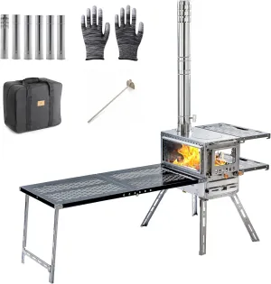 Wood Stove Wood Burning Stove Hot Tent Stove, Stainless Steel Portable Camping Stove with Oven & Camping Table and 6 Chimney Pipe for Outdoor, Camping, Cooking, Tents, Car Travel