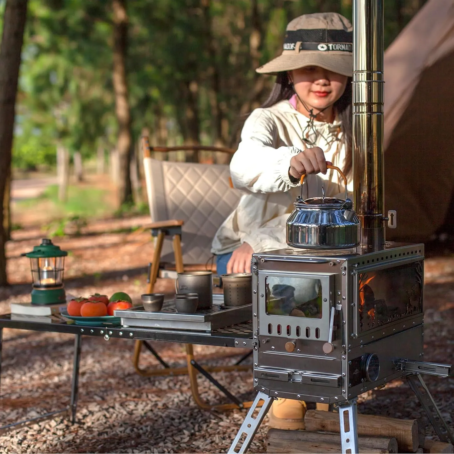 Wood Stove Wood Burning Stove Hot Tent Stove, Stainless Steel Portable Camping Stove with Oven & Camping Table and 6 Chimney Pipe for Outdoor, Camping, Cooking, Tents, Car Travel