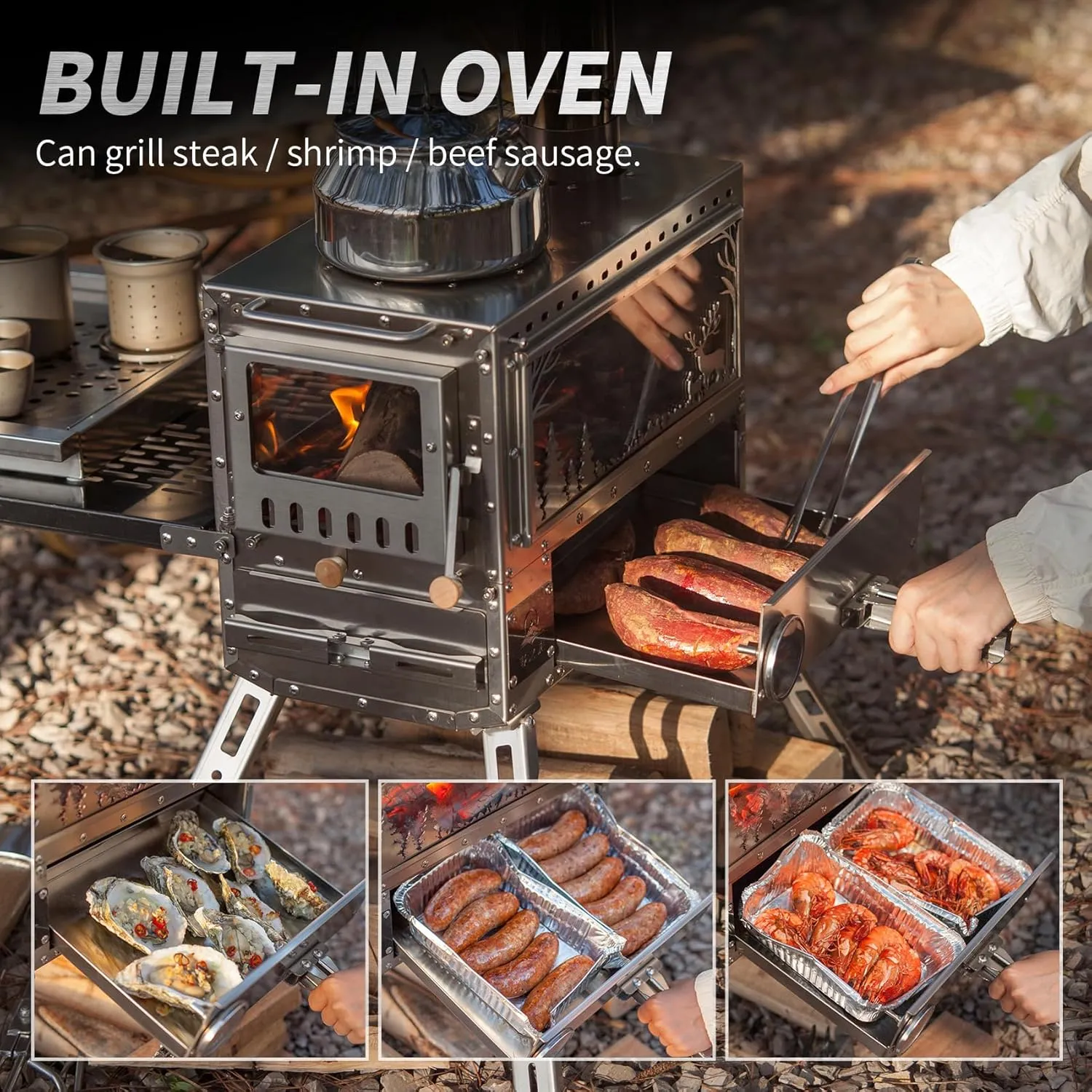 Wood Stove Wood Burning Stove Hot Tent Stove, Stainless Steel Portable Camping Stove with Oven & Camping Table and 6 Chimney Pipe for Outdoor, Camping, Cooking, Tents, Car Travel