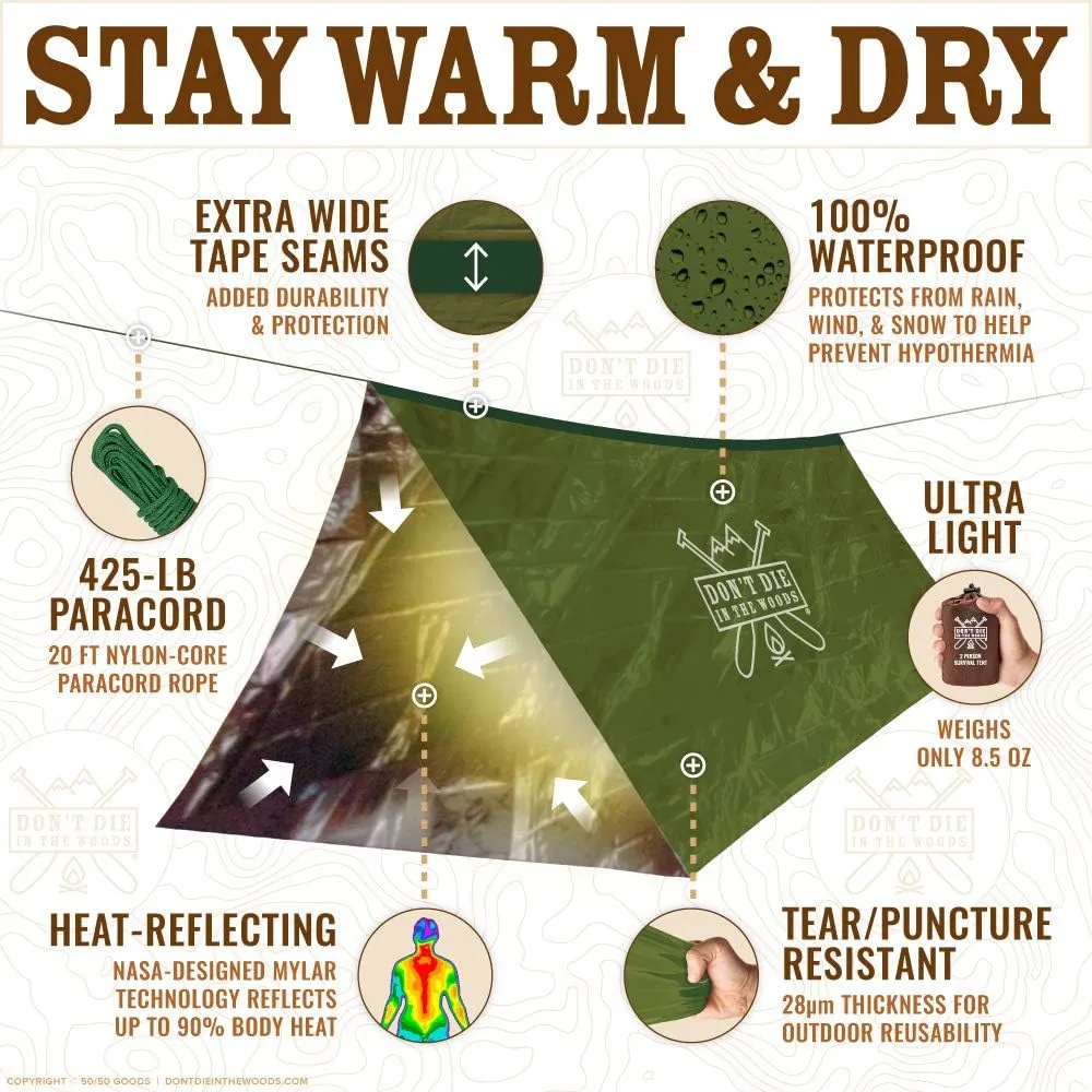 World's Toughest Ultralight Survival Tent  2 Person Mylar Emergency Shelter Tube Tent   Paracord  Year-Round All Weather Protection for Hiking, Camping, & Outdoor Survival Kits