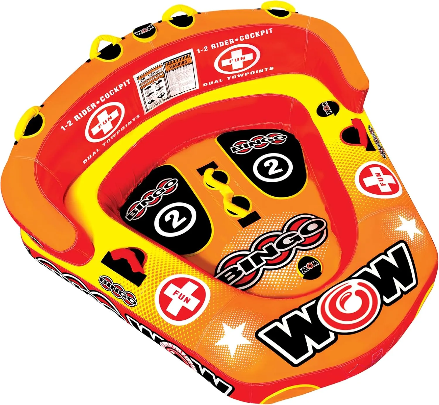WOW Sports  Bingo Cockpit 2 Person Towable Tube for Boating  340 lbs Capacity  Inflatable Boat Tube for Lake Sports  Heavy Duty Nylon Cover  Kids & Adults