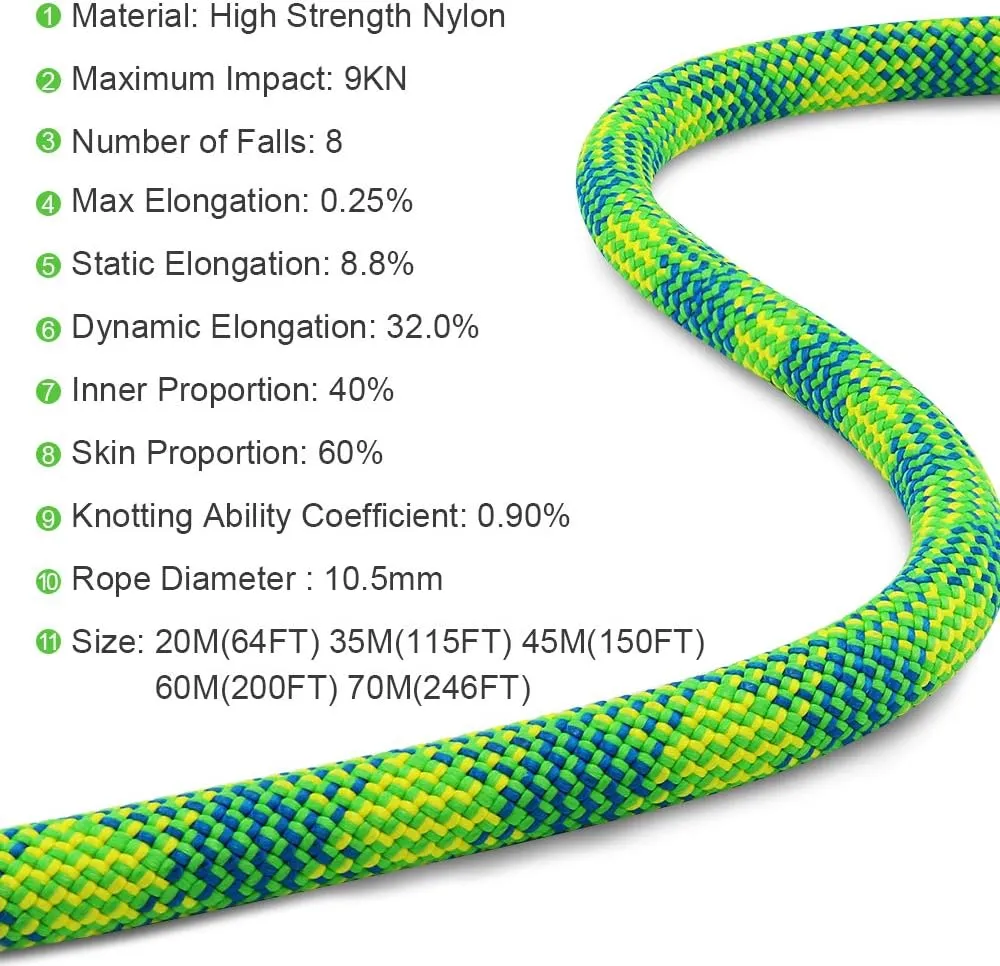 X XBEN 10.5 mm UIAA Dynamic Climbing Rope 20M(65FT) 35M(115FT) 45M(150FT) 60M(200FT), Safety Nylon Kernmantle Rope for Rock Climbing, Tree Climbing, Ice Climbing, Rappelling, Rescue