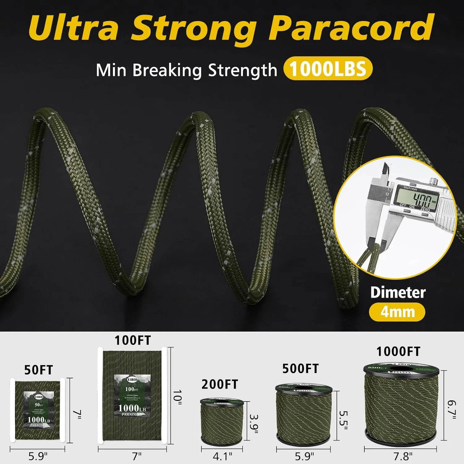 X XBEN Paracord Reflective 1000lb, 50/100/200/500/1000ft 4mm, 13 Strand Paracord Rope, Tactical Parachute Cord for Camping, Fishing, Clothesline, Hammock, Tent & Survival Bracelet, Army Green
