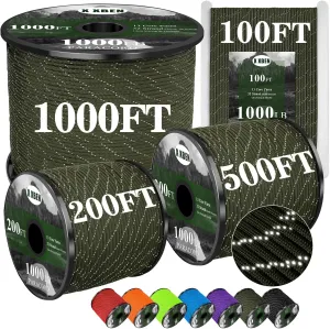 X XBEN Paracord Reflective 1000lb, 50/100/200/500/1000ft 4mm, 13 Strand Paracord Rope, Tactical Parachute Cord for Camping, Fishing, Clothesline, Hammock, Tent & Survival Bracelet, Army Green