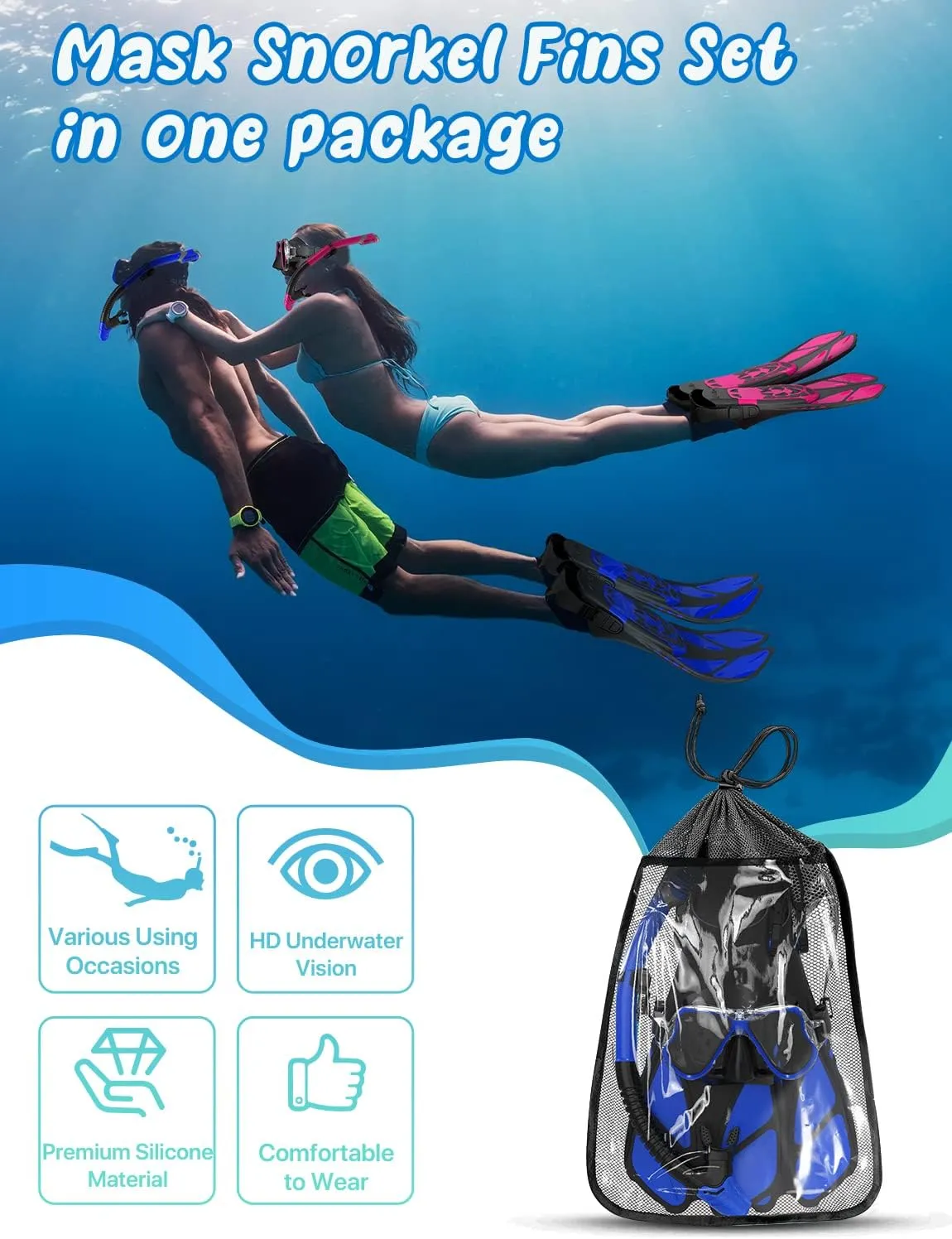 Zenoplige Mask Fins Snorkel Set, Snorkeling Gear for Adults, Panoramic View Snorkel Mask Anti-Fog, Adjustable Dive Flippers, Dry Top Snorkel and Travel Bag, Scuba Gear for Swimming Snorkeling Diving
