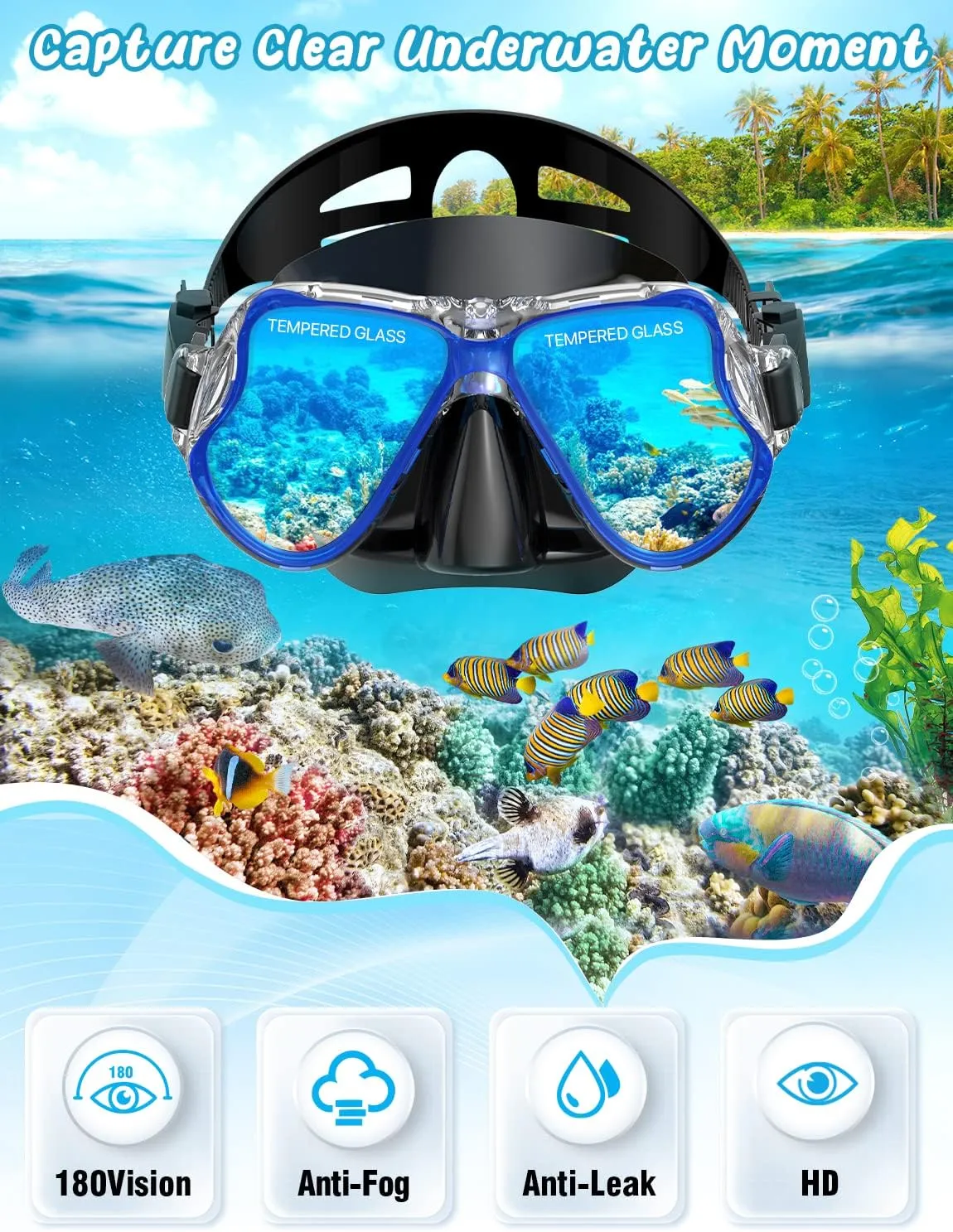 Zenoplige Mask Fins Snorkel Set, Snorkeling Gear for Adults, Panoramic View Snorkel Mask Anti-Fog, Adjustable Dive Flippers, Dry Top Snorkel and Travel Bag, Scuba Gear for Swimming Snorkeling Diving