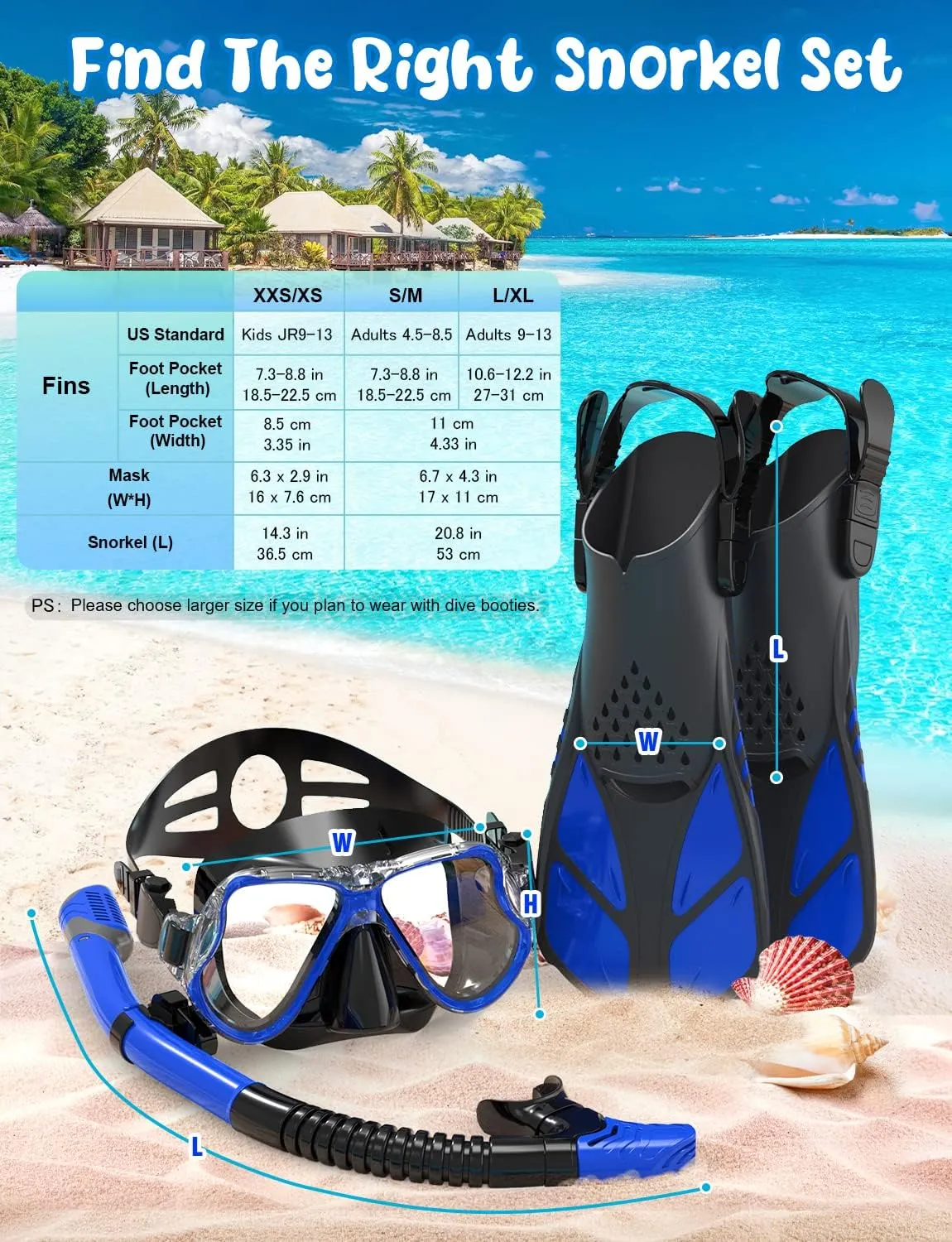 Zenoplige Mask Fins Snorkel Set, Snorkeling Gear for Adults, Panoramic View Snorkel Mask Anti-Fog, Adjustable Dive Flippers, Dry Top Snorkel and Travel Bag, Scuba Gear for Swimming Snorkeling Diving